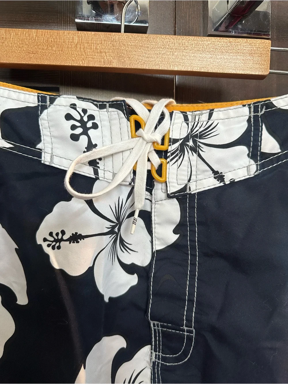 Billabong Swim Board Shorts with White Hibiscus and Blue Stripes